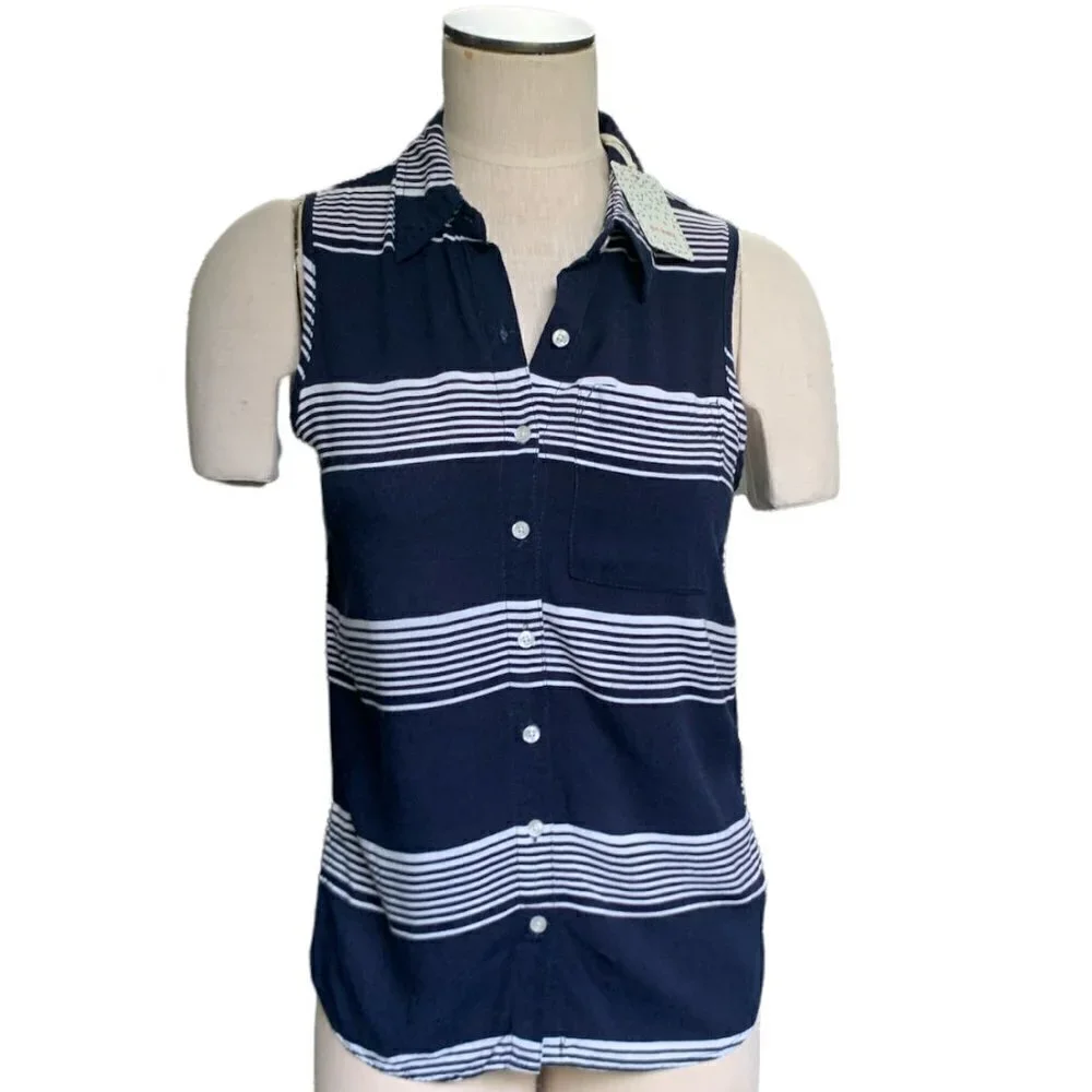Girl Krazy‎ Sleeveless Boyfriend Button-Front Striped Shirt S Navy #19E